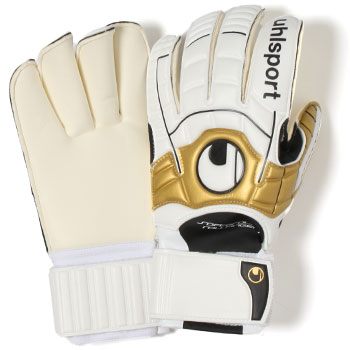 Ergonomic Soft Rollfinger Goalkeeper Gloves White-Gold-Black