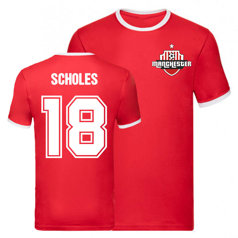 Paul Scholes Manchester United Ringer Tee (Red) Polyester Uksoccershop Men's Red Medium