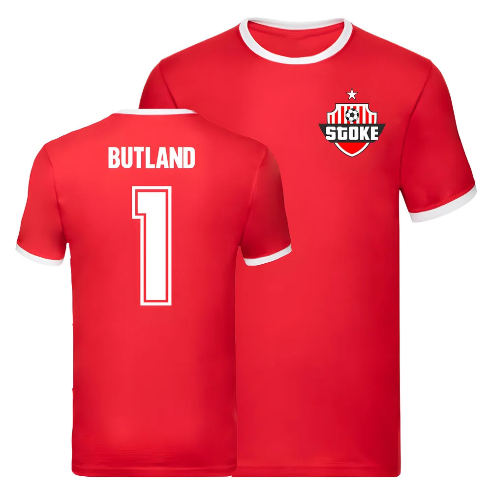 Jack Butland Stoke City Liverpool Ringer Tee (Red) Polyester Uksoccershop Men's Red Small