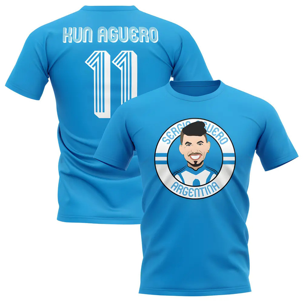 Sergio Aguero Argentina Illustration T-Shirt (Sky) Polyester Made By: Gildan Men's Blue Small