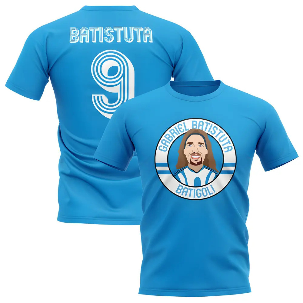 Gabriel Batistuta Argentina Illustration T-Shirt (Sky) Polyester Made By: Gildan Men's Blue Small