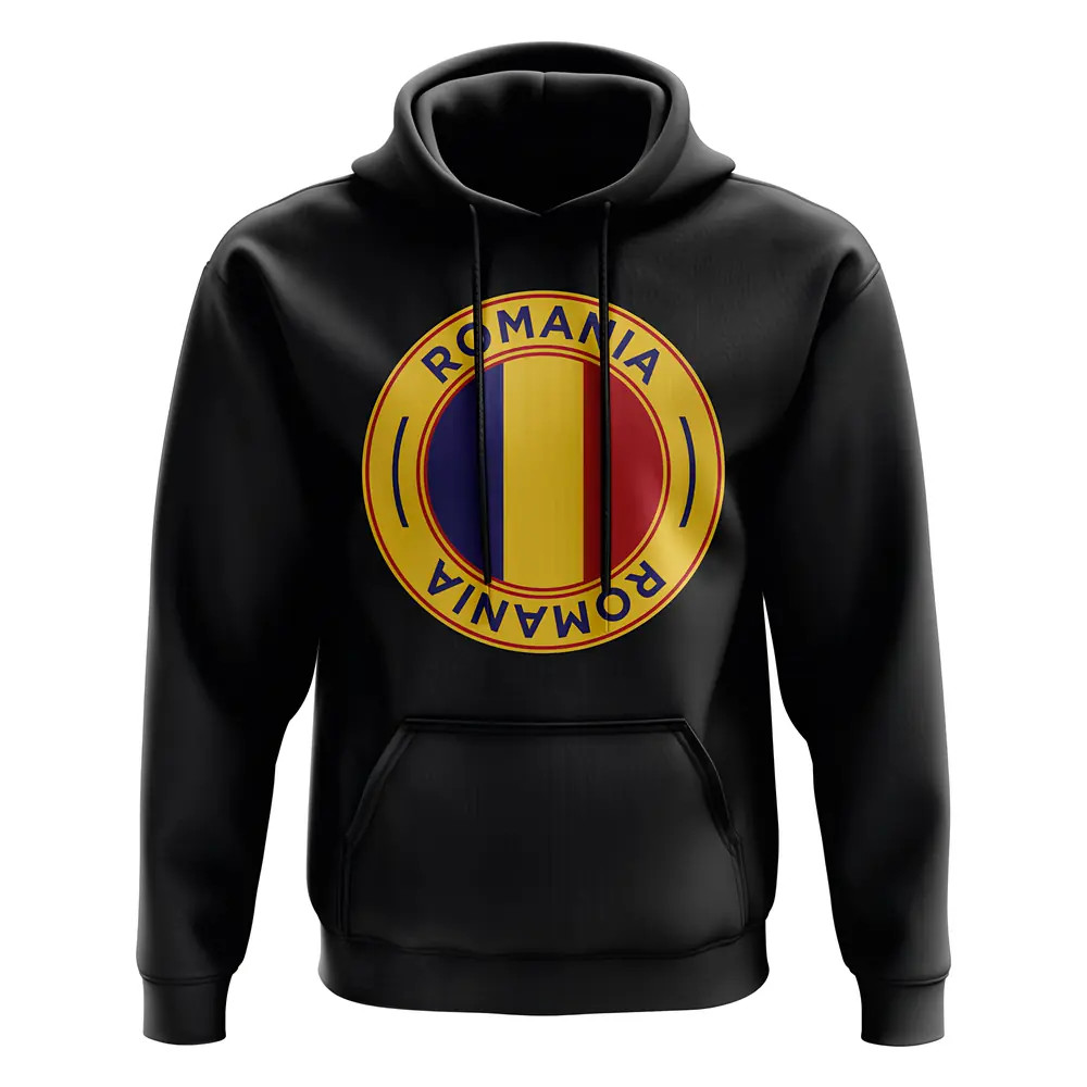 Romania Football Badge Hoodie (Black) Polyester Uksoccershop Men's Black Large