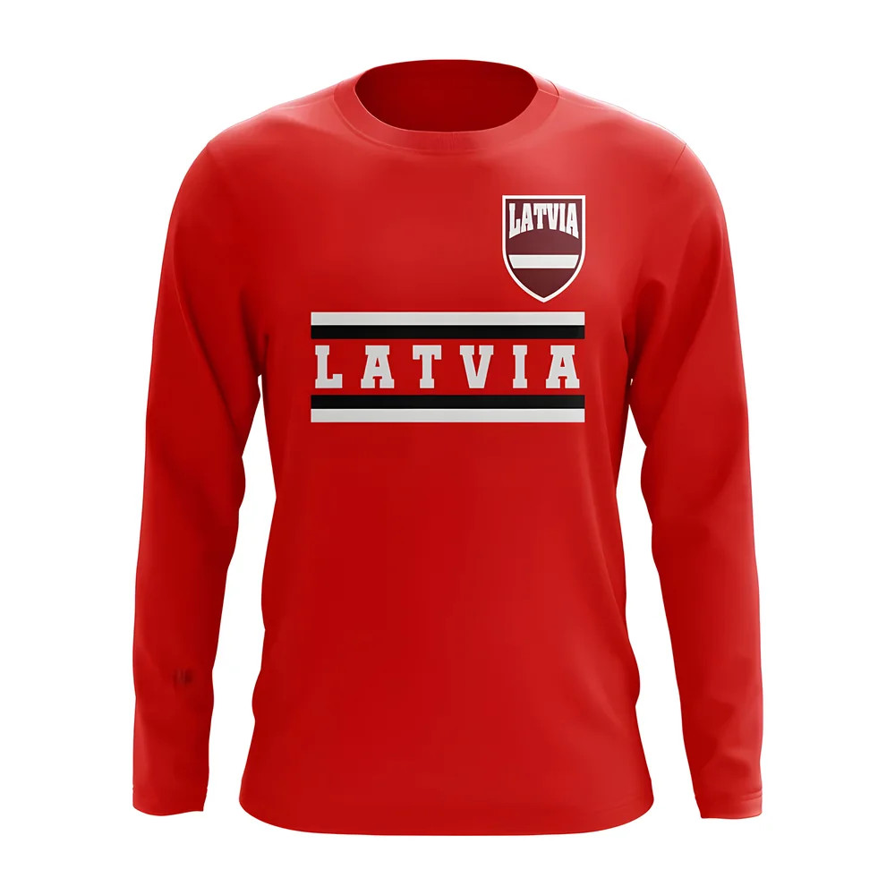 Latvia Core Football Country Long Sleeve T-Shirt (Red) Polyester Uksoccershop Men's Red Medium
