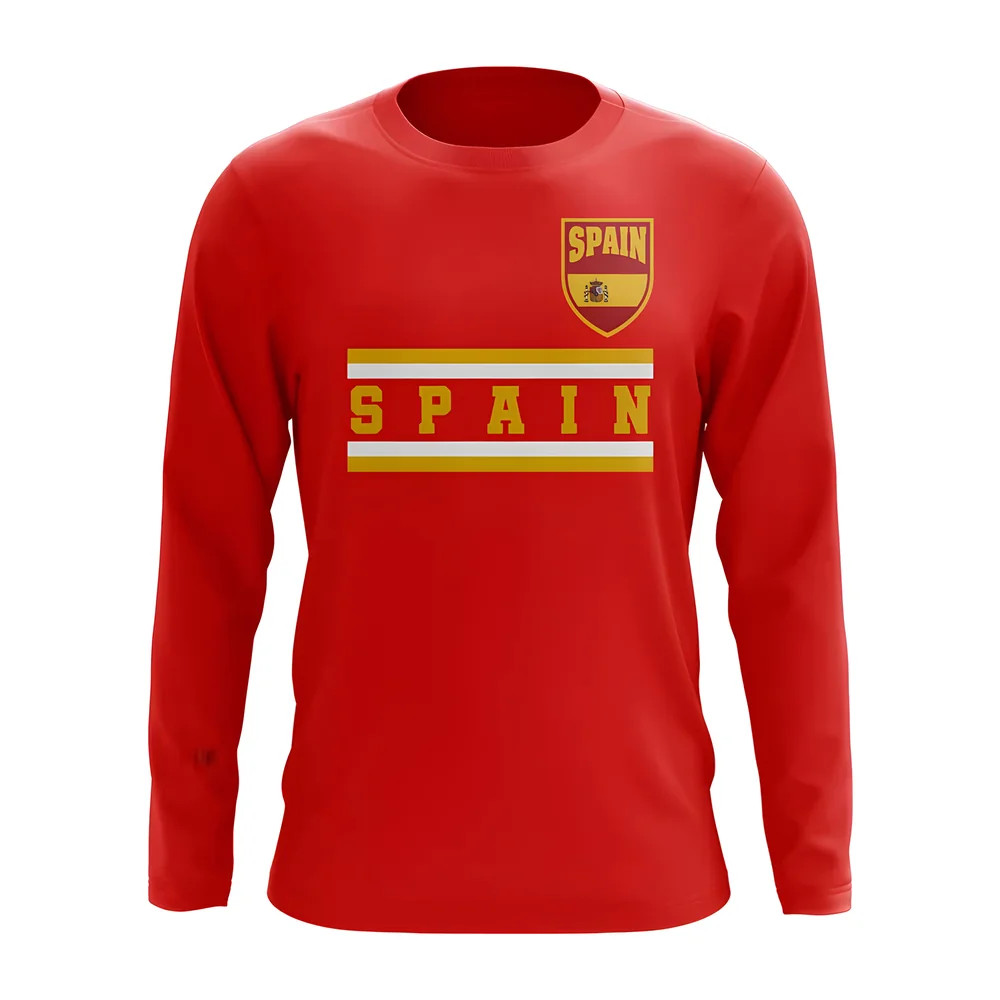 Spain Core Football Country Long Sleeve T-Shirt (Red) Polyester Uksoccershop Men's Red Medium