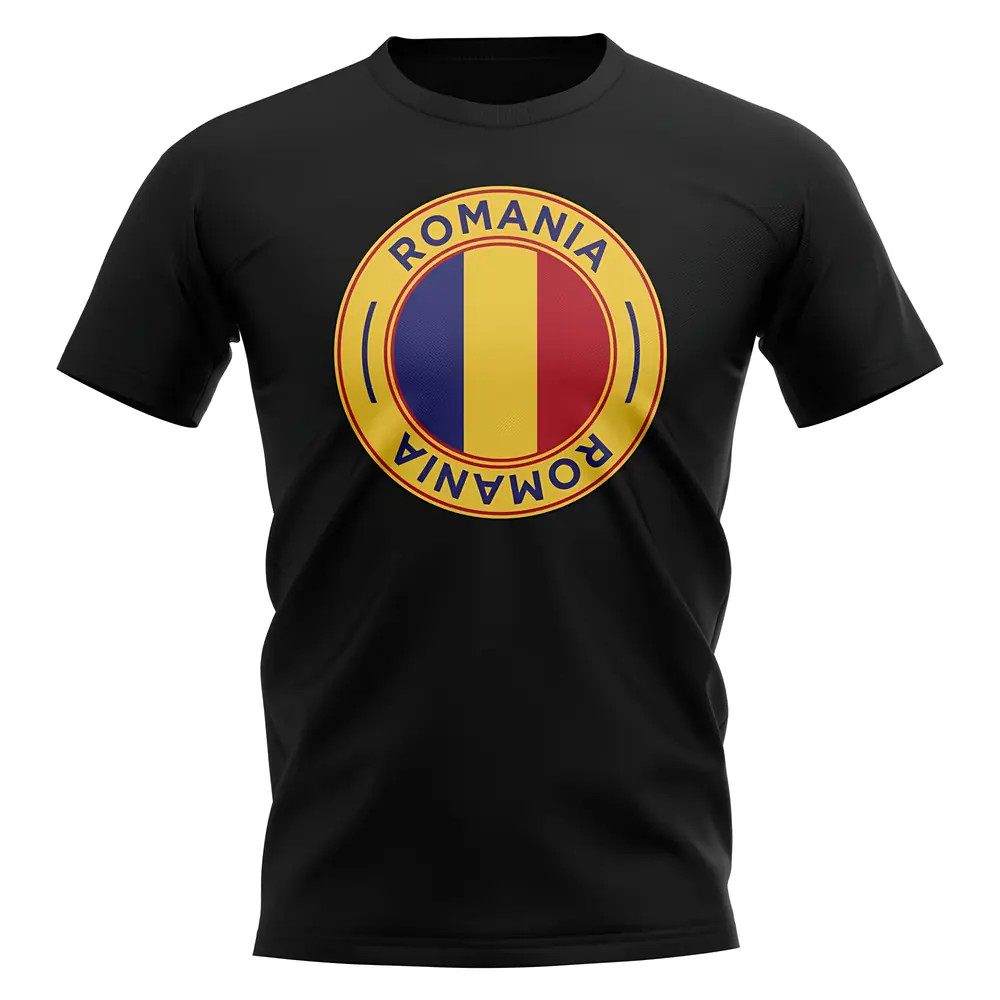 Romania Football Badge T-Shirt (Black) Polyester Uksoccershop Men's Black Medium