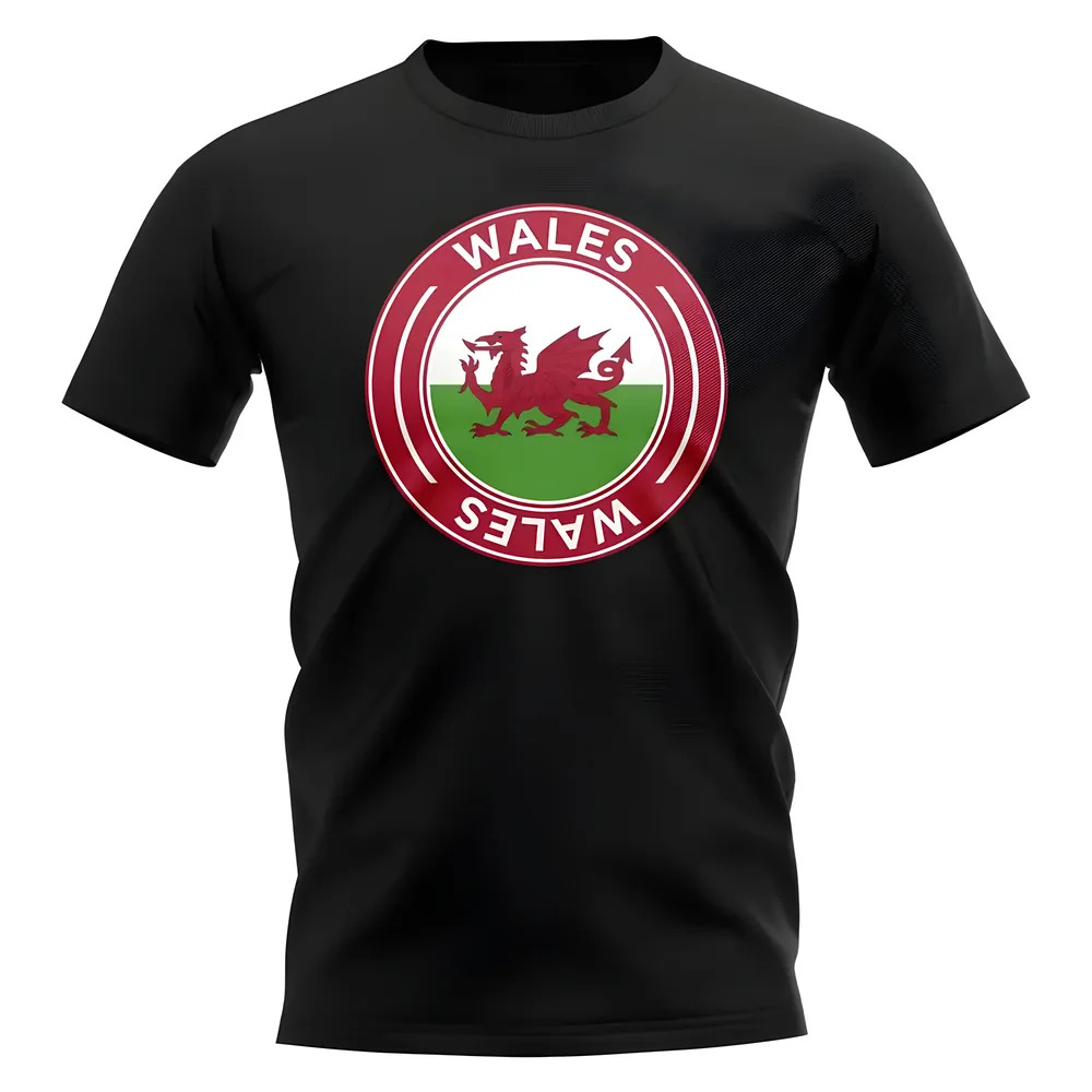 Wales Football Badge T-Shirt (Black) Polyester Uksoccershop Men's Black Large