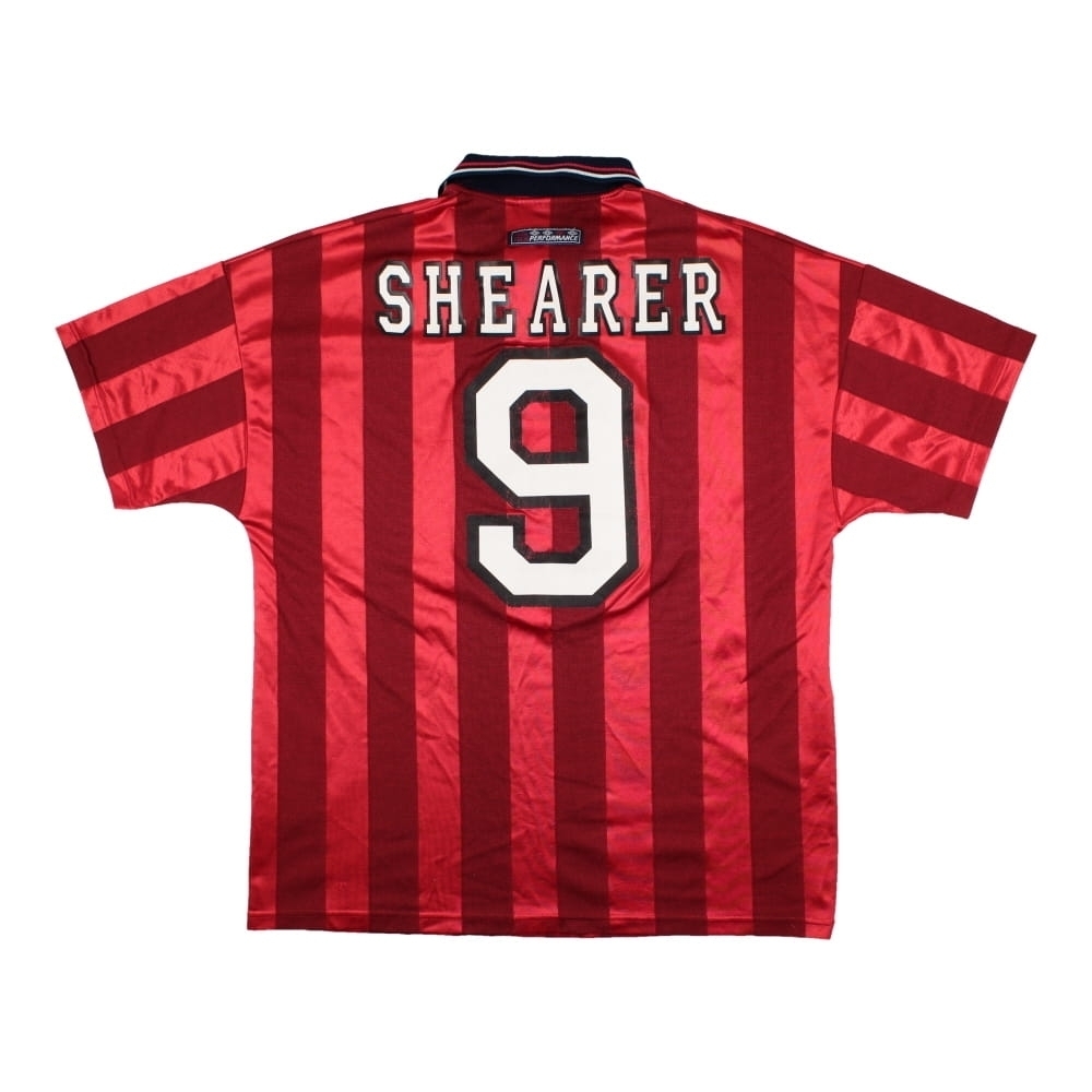 '98-'99 England Away Shirt (Shearer #9) ((Very Good) L) Polyester Made By: Umbro Men's Red Large