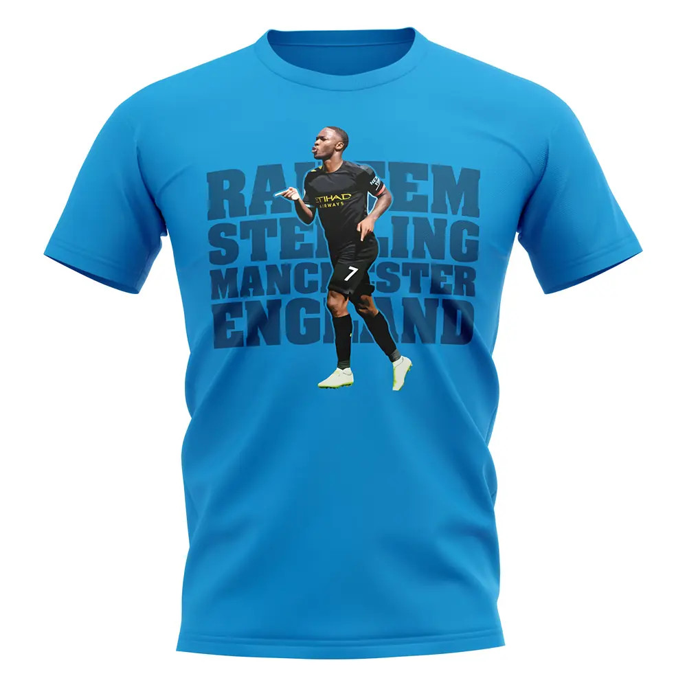 Raheem Sterling Man City Player T-Shirt (Blue) Polyester Manchester City Uksoccershop Men's Blue Medium