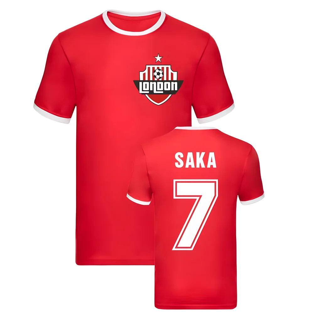Bukayo Saka Arsenal Ringer Tee (Red) Polyester Uksoccershop Men's Red Xxl