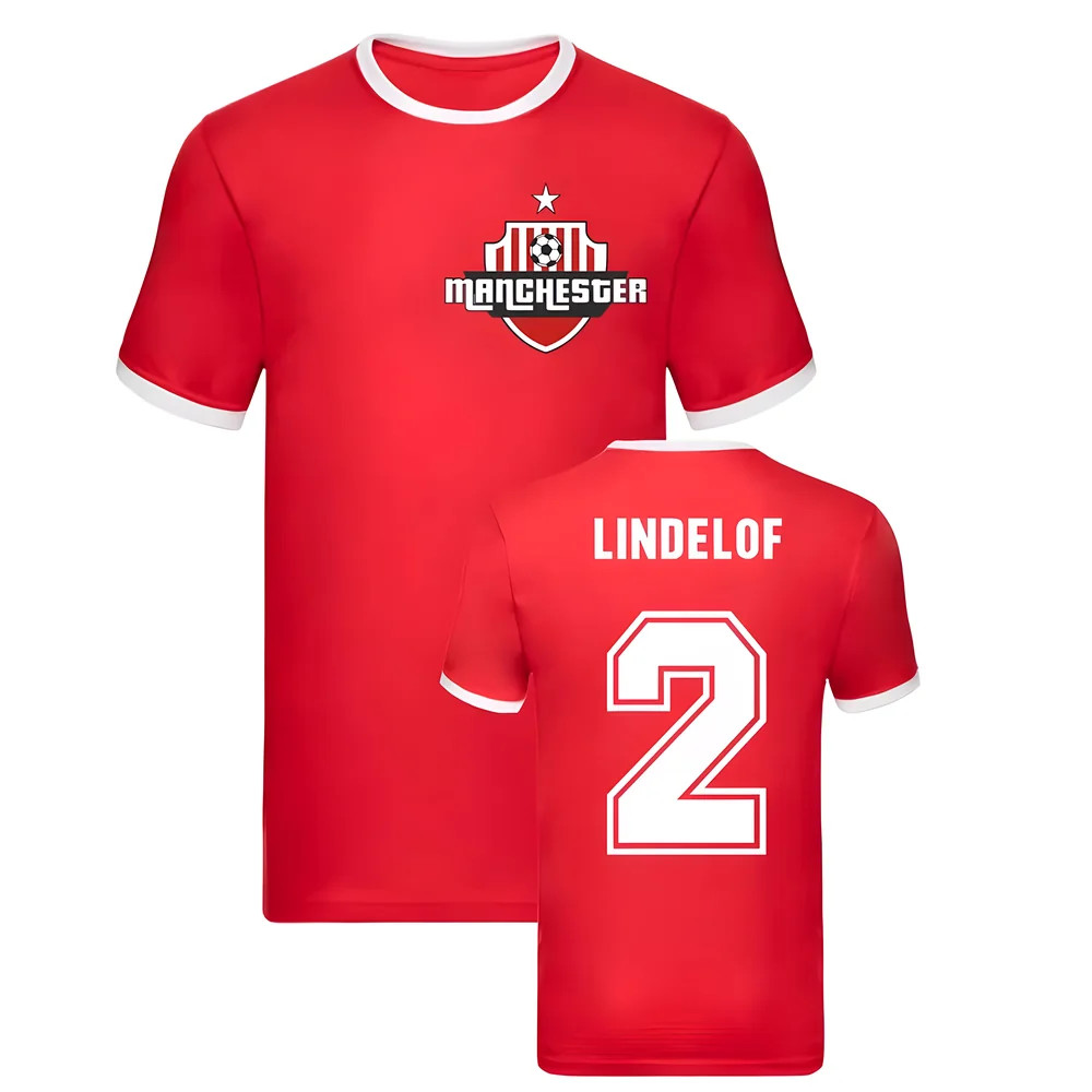 Victor Lindelof Manchester Ringer Tee (Red) Polyester Manchester United Uksoccershop Men's Red Small