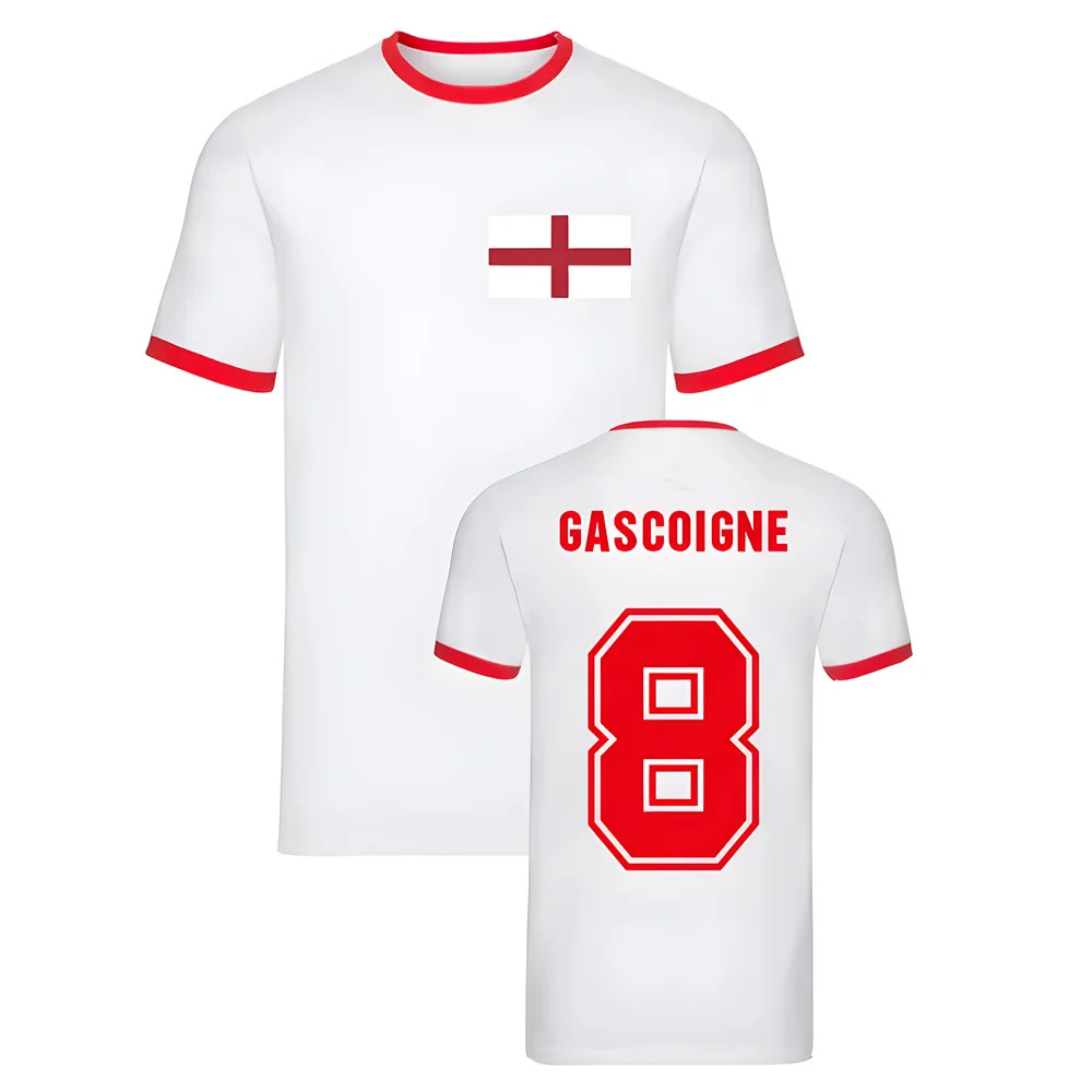 Paul Gascoigne England Ringer Tee (White) Polyester Uksoccershop Men's White Extra Large