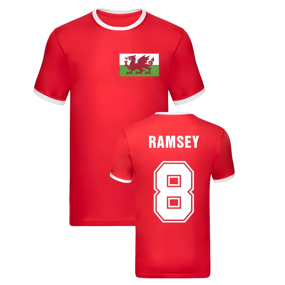 Aaron Ramsey Wales Ringer Tee (Red) Polyester Uksoccershop Men's Red Xxl