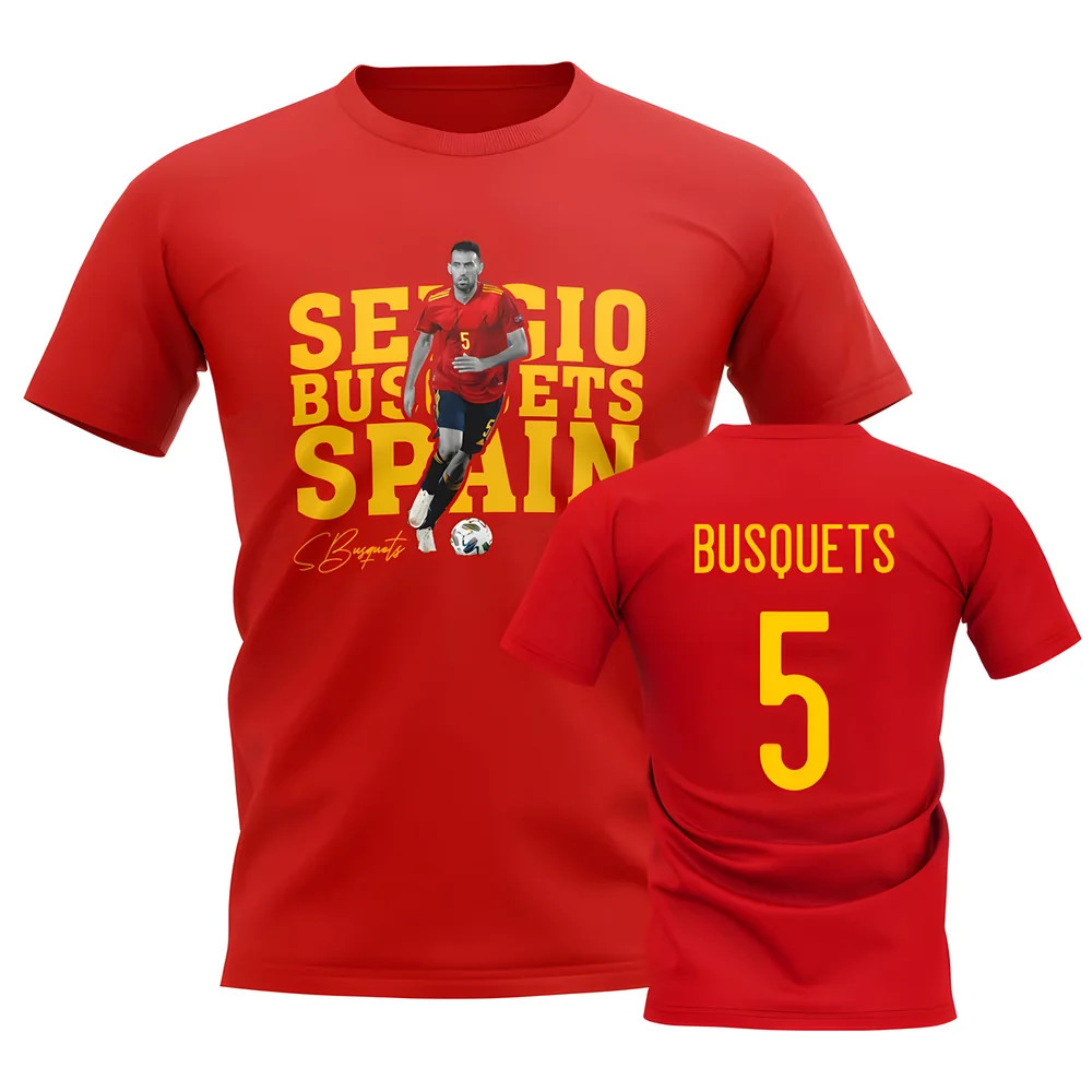 Sergio Busquets Spain Player Tee (Red) Polyester Uksoccershop Men's Red Extra Large