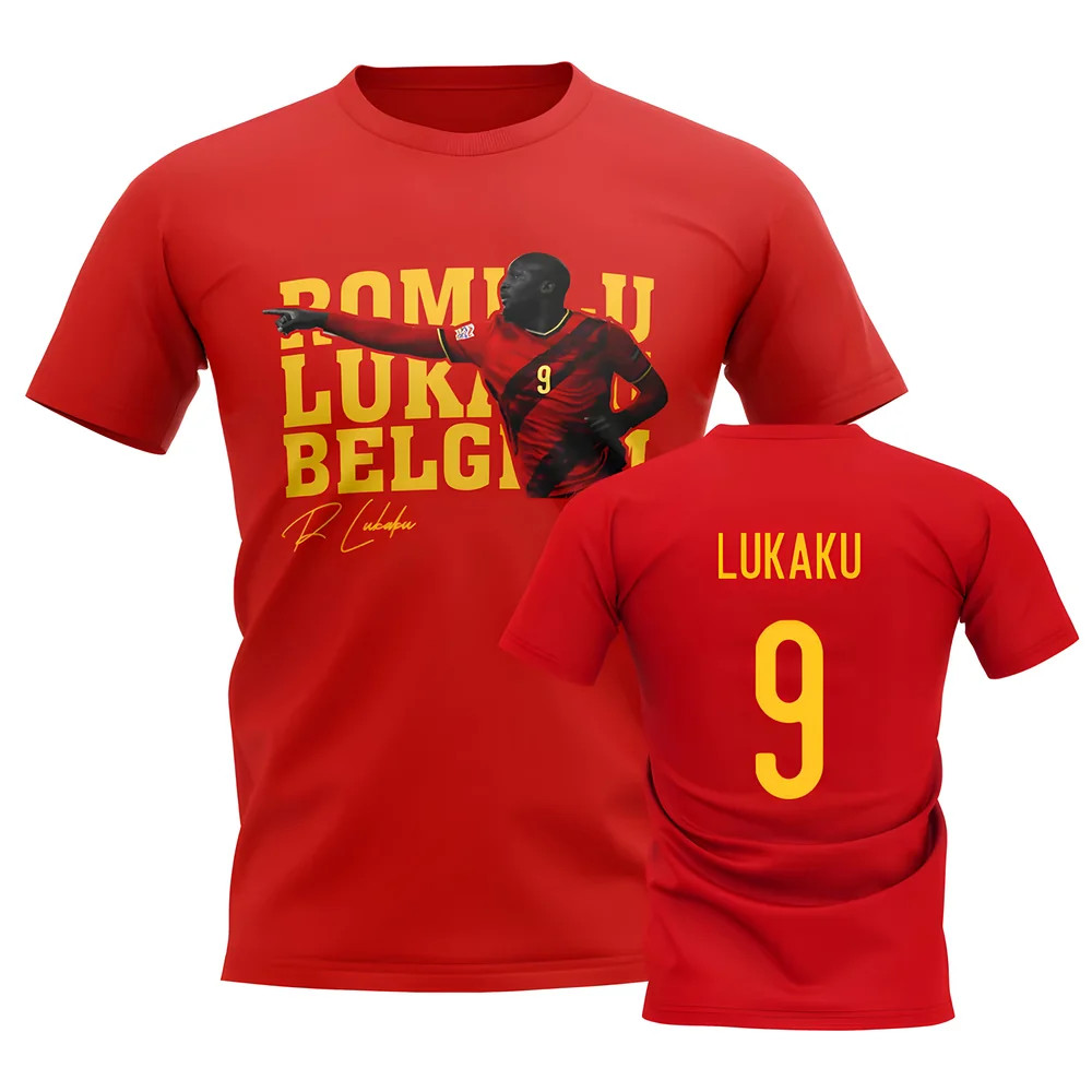 Romelu Lukaku Belgium Player Tee (Red) Polyester Uksoccershop Men's Red Extra Large