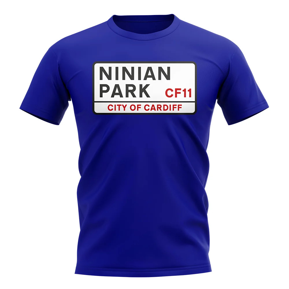 Cardiff Ninian Park Street Sign T-Shirt (Royal) Polyester Uksoccershop Men's Blue Large