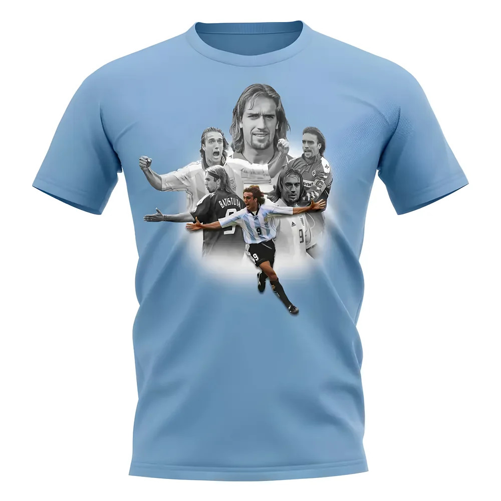 Gabriel Batistuta Collage Legend T-Shirt (Sky) Polyester Argentina Uksoccershop Men's Sky Blue