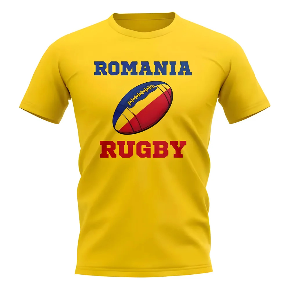 Romania Rugby Ball T-Shirt (Yellow) Polyester Uksoccershop Men's Yellow Large