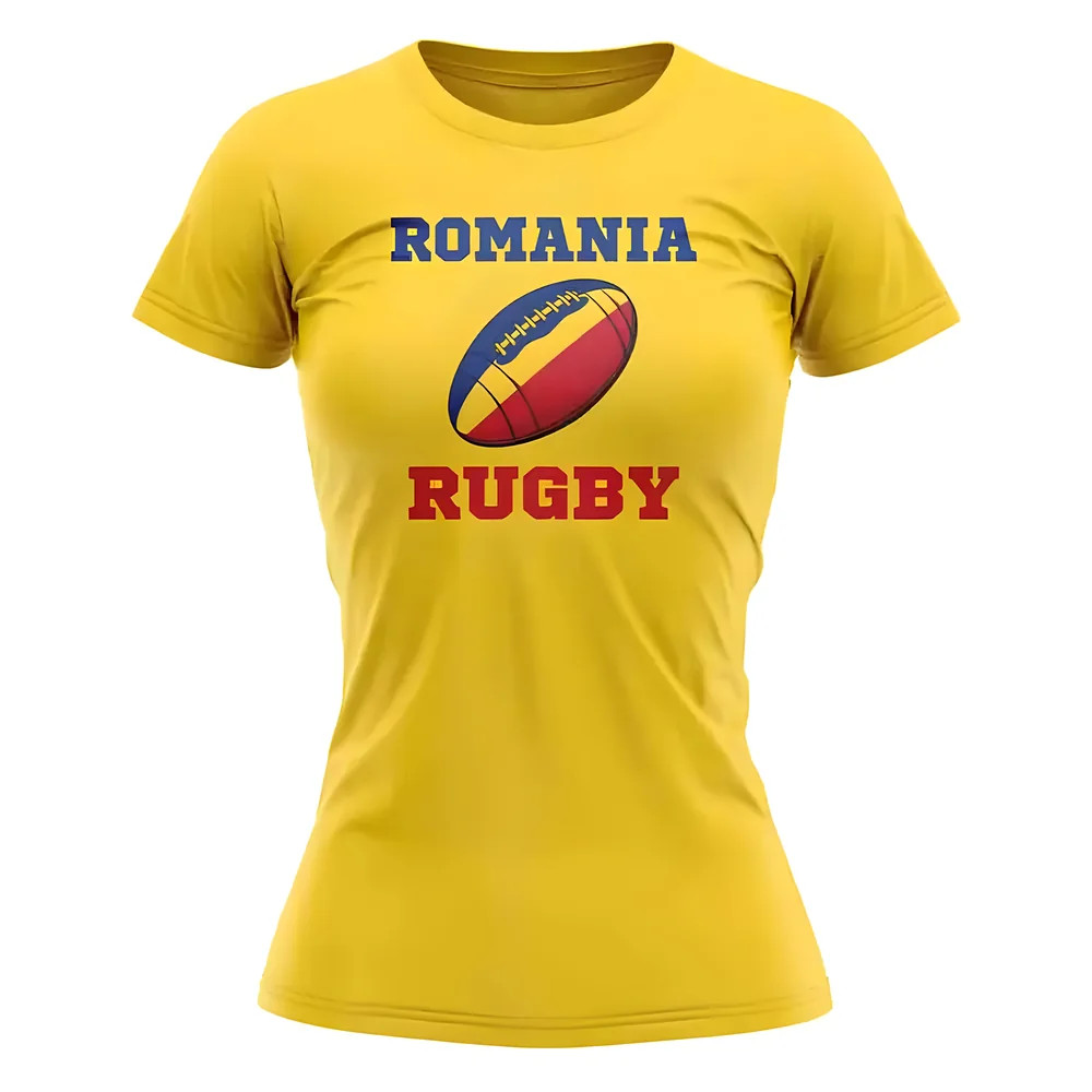 Romania Rugby Ball T-Shirt (Yellow) - Polyester Uksoccershop Women's Yellow Xxl