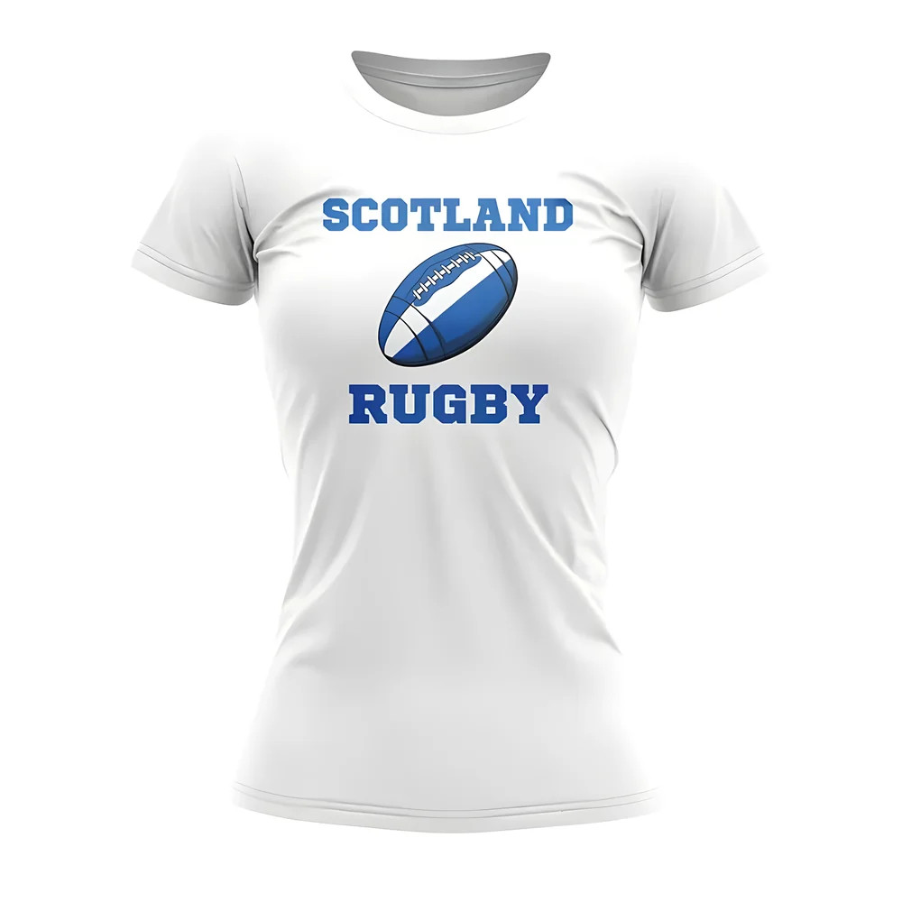Scotland Rugby Ball T-Shirt (White) - Polyester Uksoccershop Women's White Extra Small