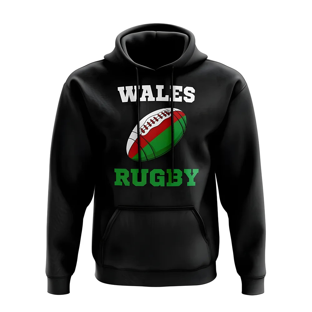 Wales Rugby Ball Hoody (Black) Polyester Azerbaijan Uksoccershop Men's Black Xxl