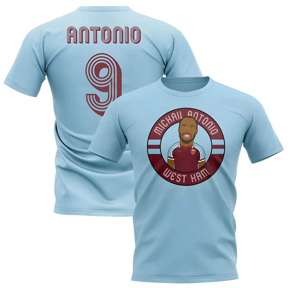 Michail Antonio West Ham Illustration T-Shirt (Sky) Polyester Uksoccershop Men's Sky Blue Large