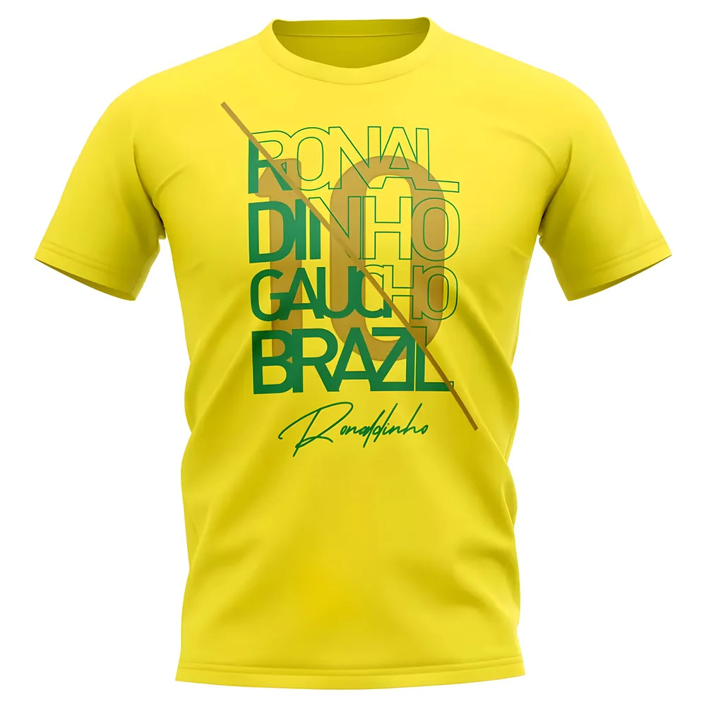Ronaldinho Brazil Graphic Signature T-Shirt (Yellow) Polyester Uksoccershop Men's Yellow Small