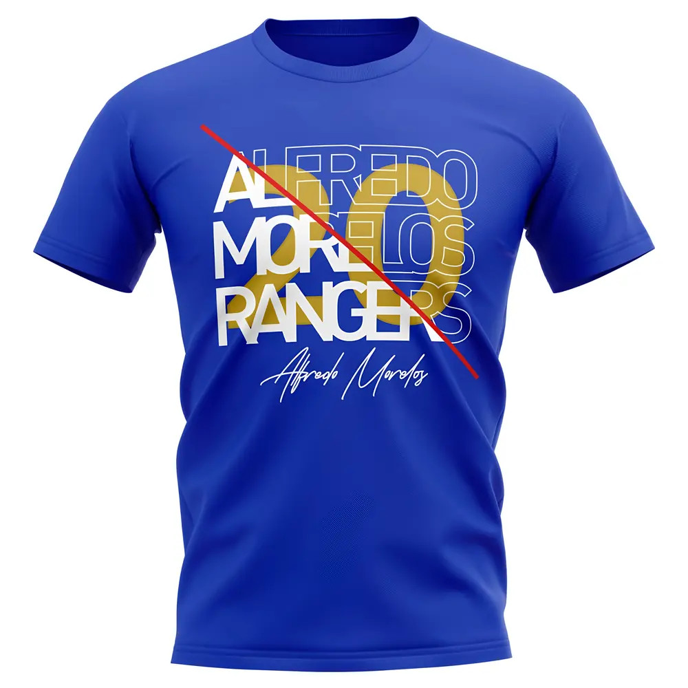 Alfredo Morelos Rangers Graphic Signature T-Shirt (Blue) Polyester Uksoccershop Men's Blue Small