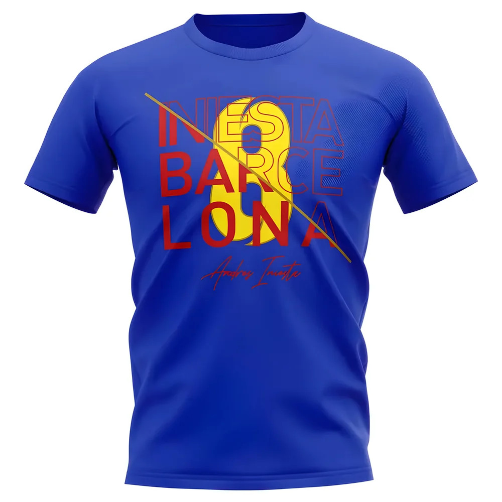 Andres Iniesta Barcelona Graphic Signature T-Shirt (Blue) Polyester Uksoccershop Men's Blue Large