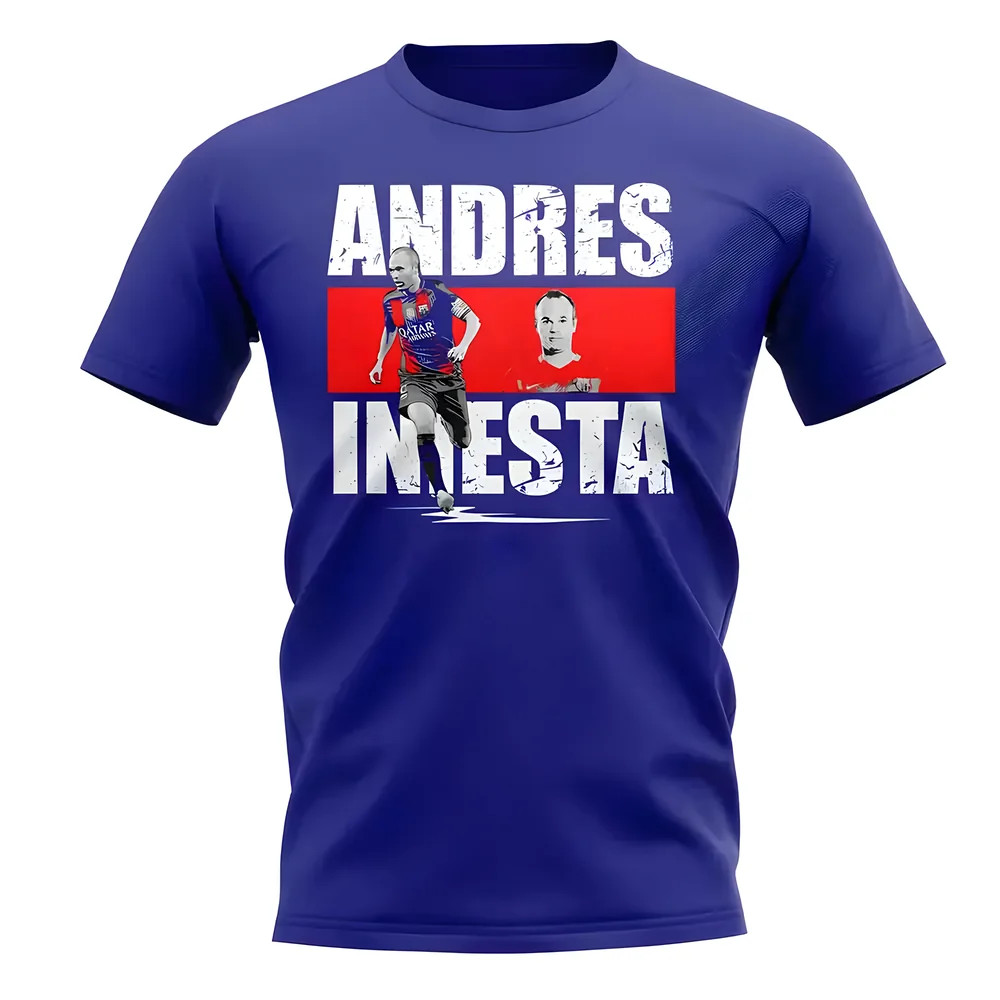Andres Iniesta Player Collage T-Shirt (Blue) Polyester Barcelona Uksoccershop Men's Blue Large