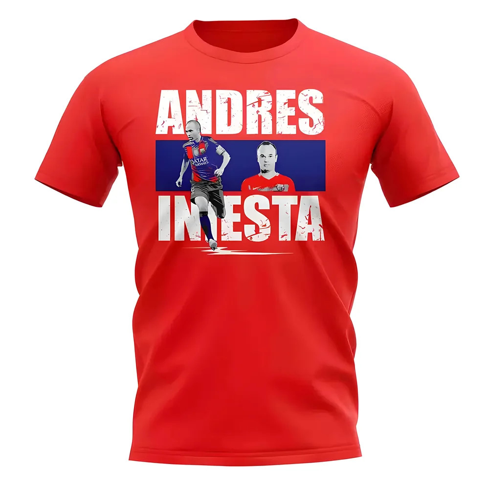 Andres Iniesta Player Collage T-Shirt (Red) Polyester Barcelona Uksoccershop Men's Red Small