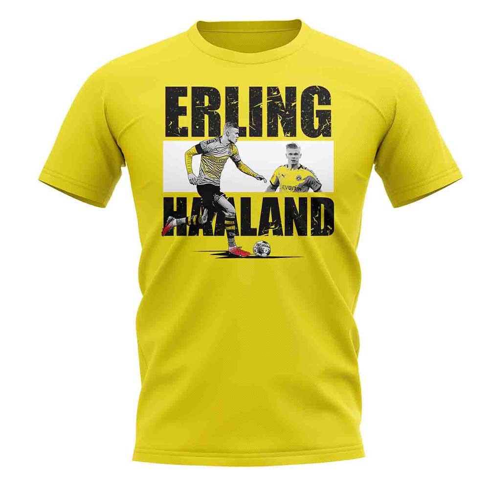 Erling Haaland Player Collage T-Shirt (Yellow) Polyester Dortmund Uksoccershop Men's Yellow Extra Small