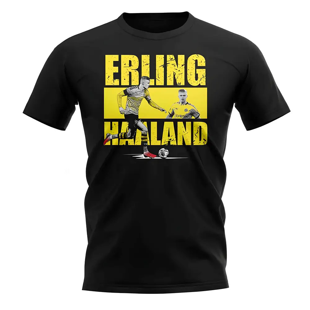 Erling Haaland Player Collage T-Shirt (Black) Polyester Dortmund Uksoccershop Men's Black Large