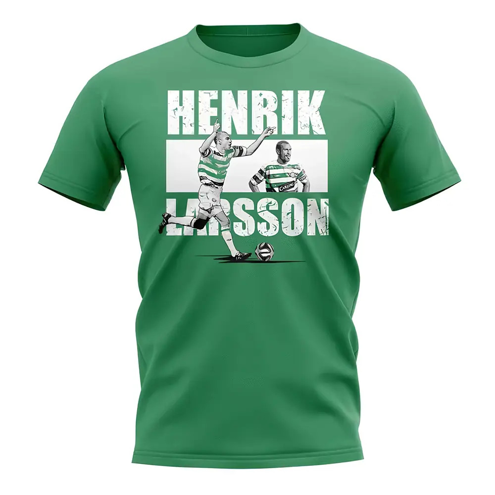 Henrik Larsson Player Collage T-Shirt (Green) Polyester Celtic Uksoccershop Men's Green Extra Large