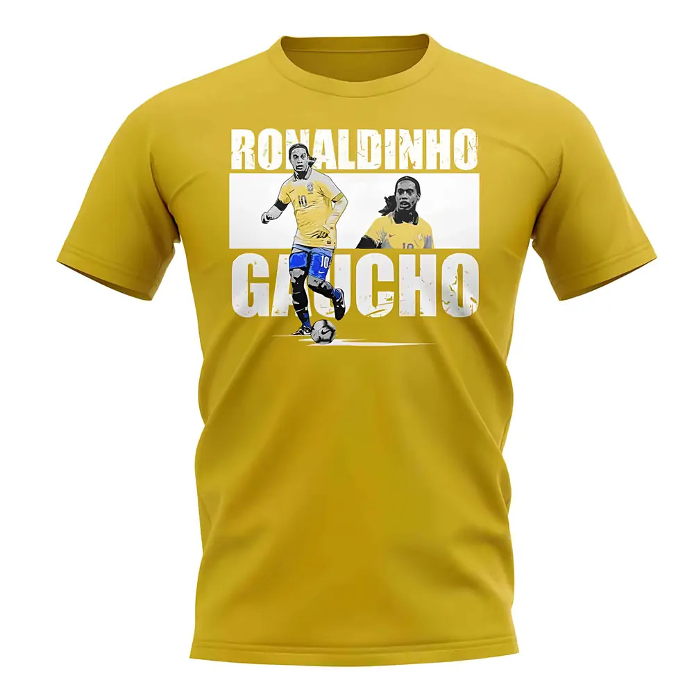 Ronaldinho Player Collage T-Shirt (Yellow) Polyester Brazil Uksoccershop Men's Yellow Small
