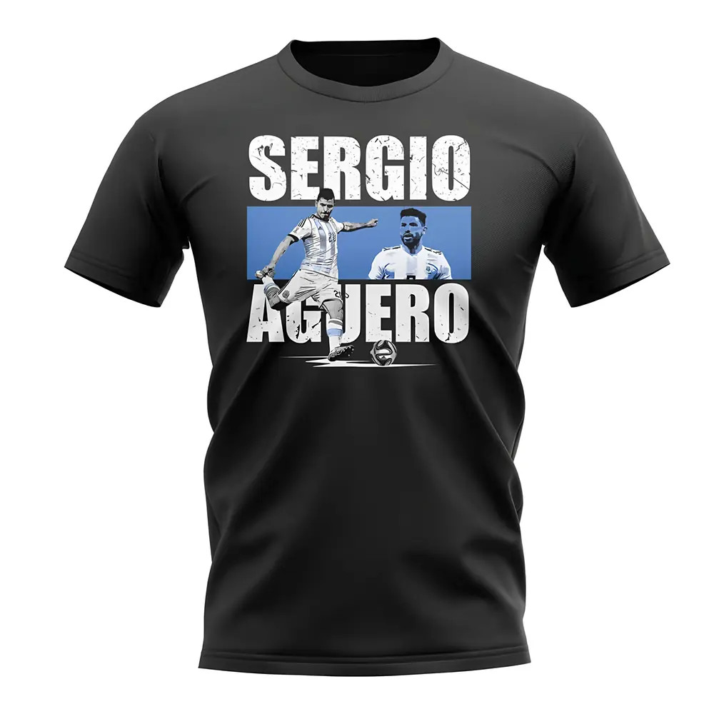 Sergio Aguero Player Collage T-Shirt (Black) Polyester Argentina Uksoccershop Men's Black Xxl