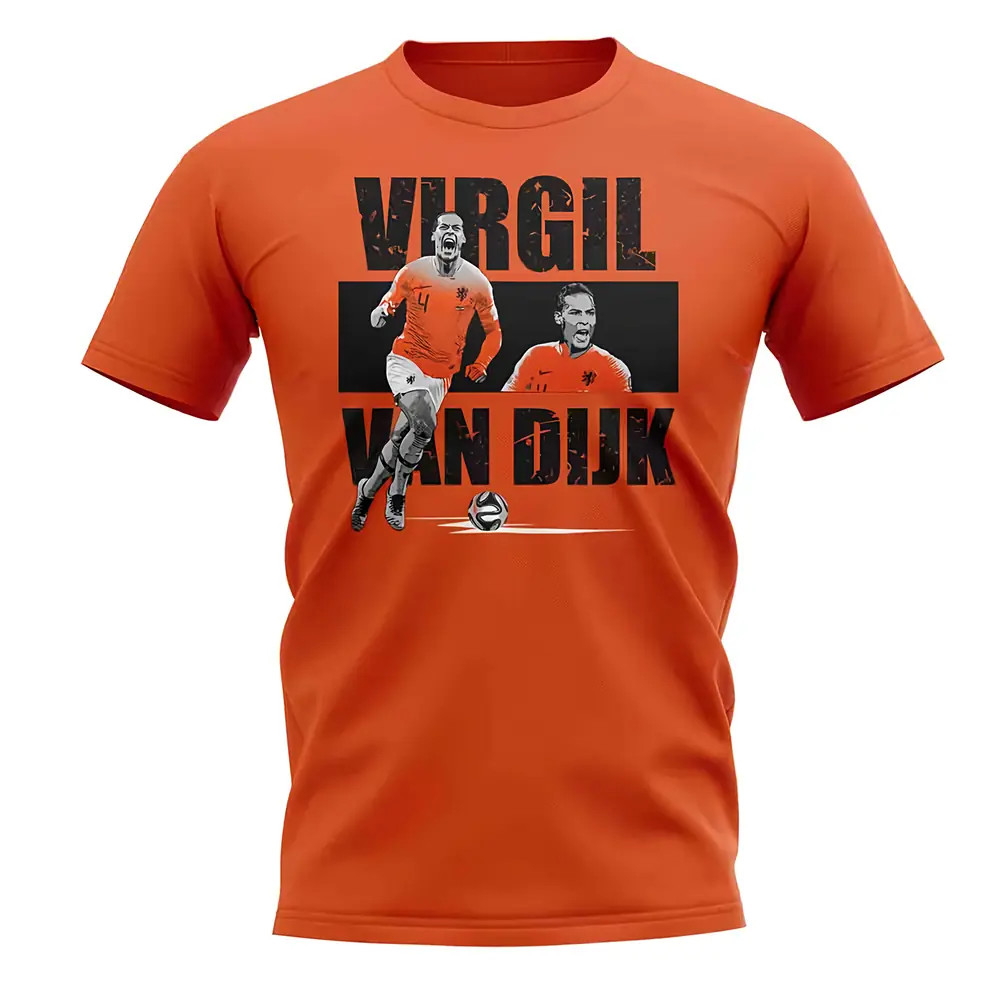 Virgil Van Dijk Player Collage T-Shirt (Orange) Polyester Holland Uksoccershop Men's Orange Large