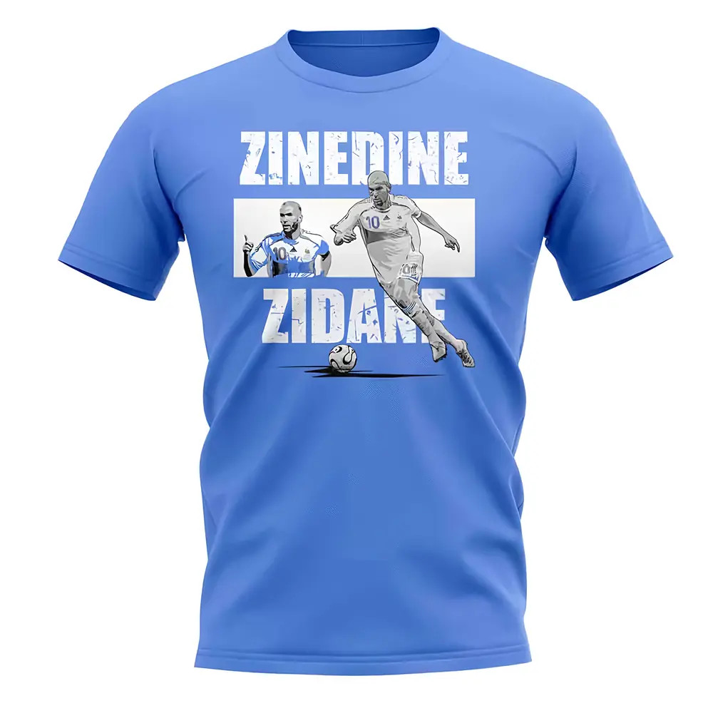 Zinedine Zidane Player Collage T-Shirt (Sky Blue) Polyester France Uksoccershop Men's Sky Blue Large