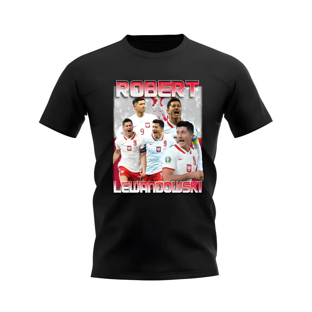 Robert Lewandowski Poland Bootleg T-Shirt (Black) Polyester Uksoccershop Men's Black Large