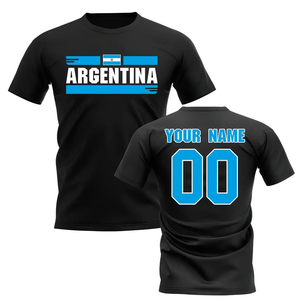 Personalised Argentina Fan Football T-Shirt (Black) Polyester Uksoccershop Men's Black Small