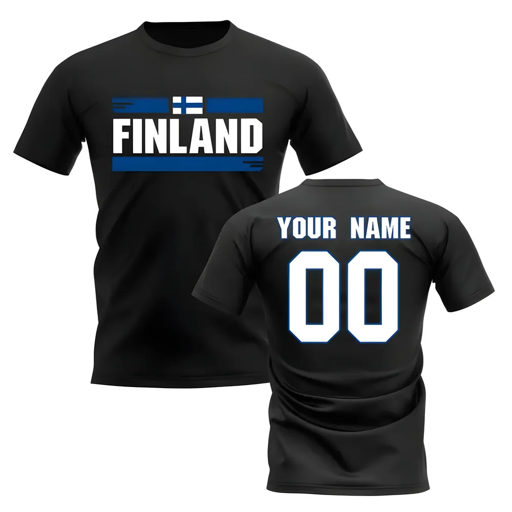 Personalised Finland Fan Football T-Shirt (Black) Polyester Uksoccershop Men's Black Medium