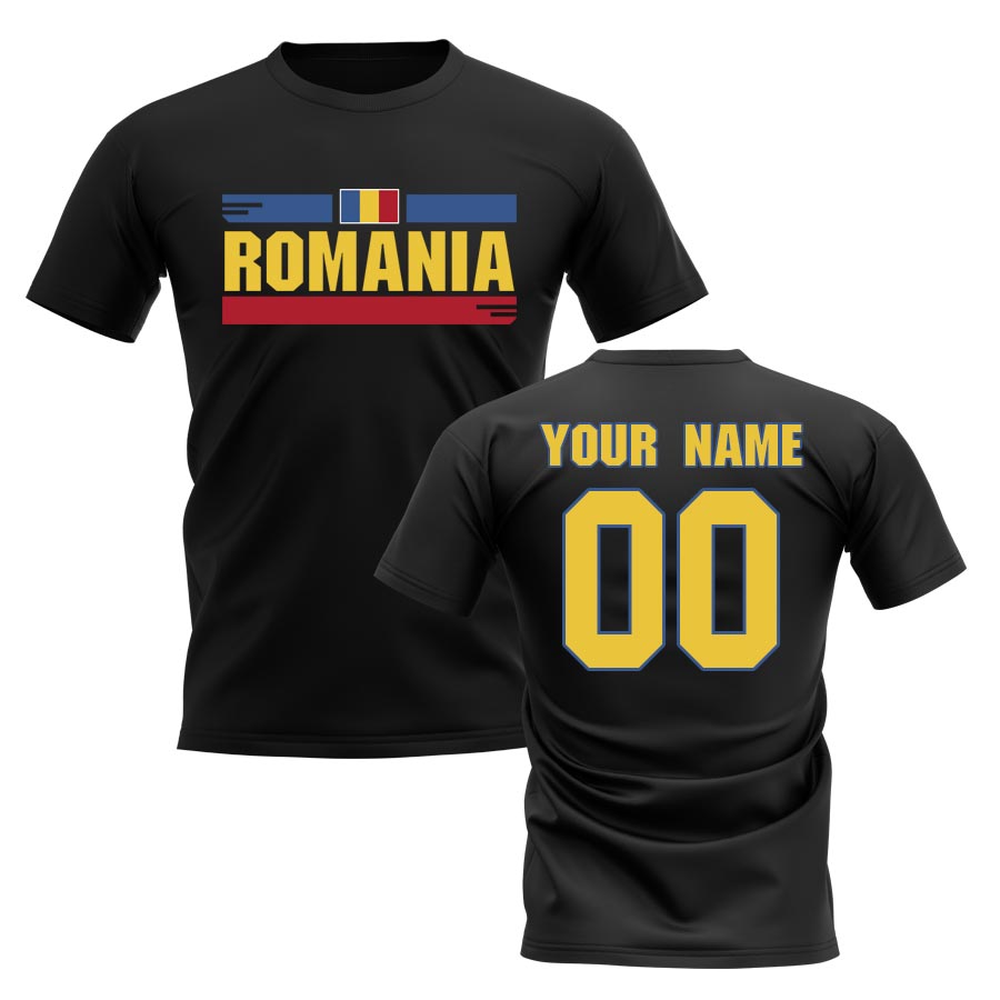Click to view product details and reviews for Personalised Romania Fan Football T Shirt Black.
