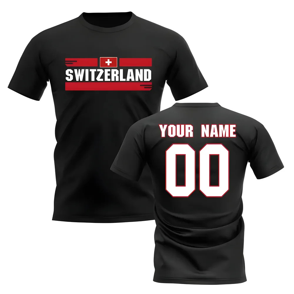 Personalised Switzerland Fan Football T-Shirt (Black) Polyester Uksoccershop Men's Black Large
