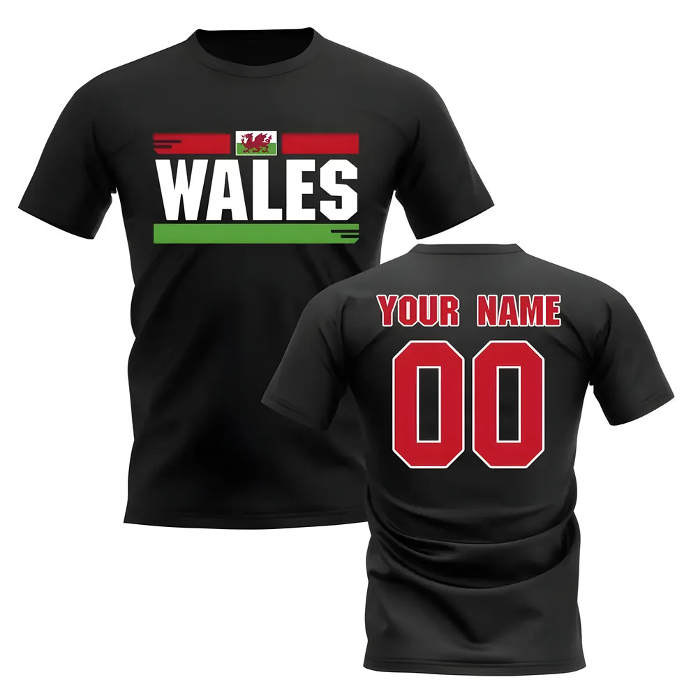 Personalised Wales Fan Football T-Shirt (Black) Polyester Uksoccershop Men's Black Small