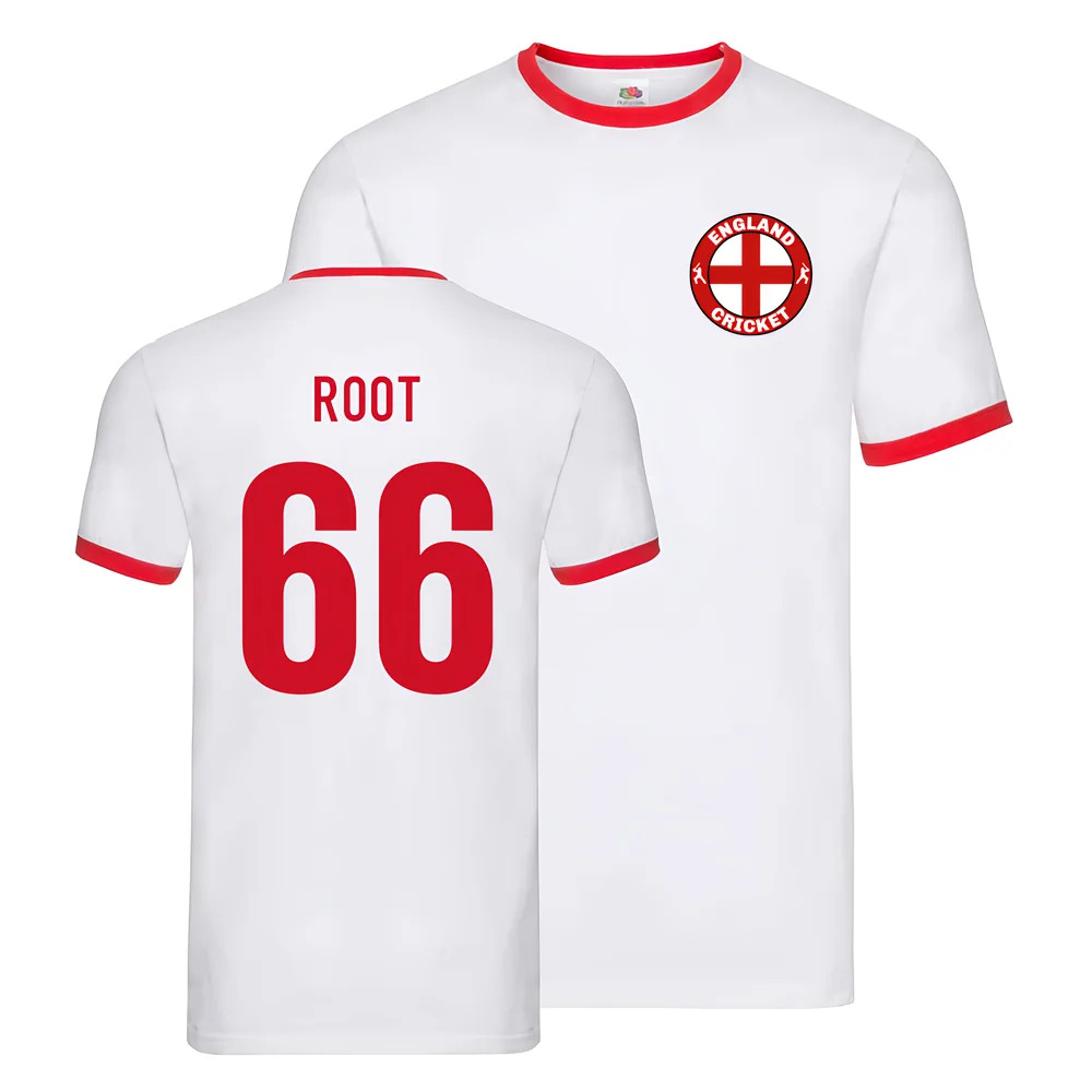 England Cricket Ringer Tee (Joe Root 66) Polyester Uksoccershop Men's White Large
