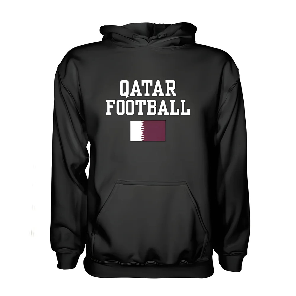 Qatar Football Hoodie - Polyester Made By: Soccer Tees Men's Black Extra Large