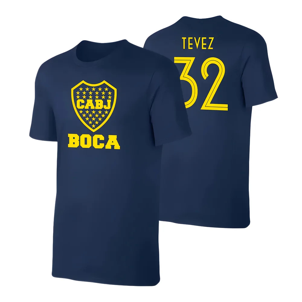 Boca Juniors \'Emblem19\' T-Shirt Tevez - Polyester Carlos Tevez Made By: Soccer Tees Men's Dark Blue Large