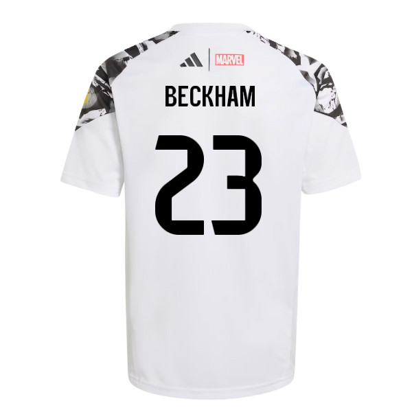 ’25-’26 Real Madrid Marvel Avengers Training Shirt (White) – Kids (Beckham 23) 7-8 Polyester Made By: Adidas ’25-’26 Real Madrid Marvel Avengers Training Shirt (White) – Kids (Beckham 23) 7-8 Polyester Made By: Adidas