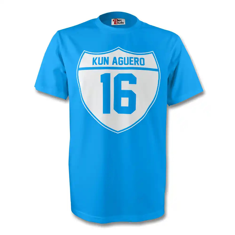 Sergio Aguero Man City Crest Tee (Sky Blue) Polyester Manchester City Made By: Gildan Men's Sky Blue Extra Large