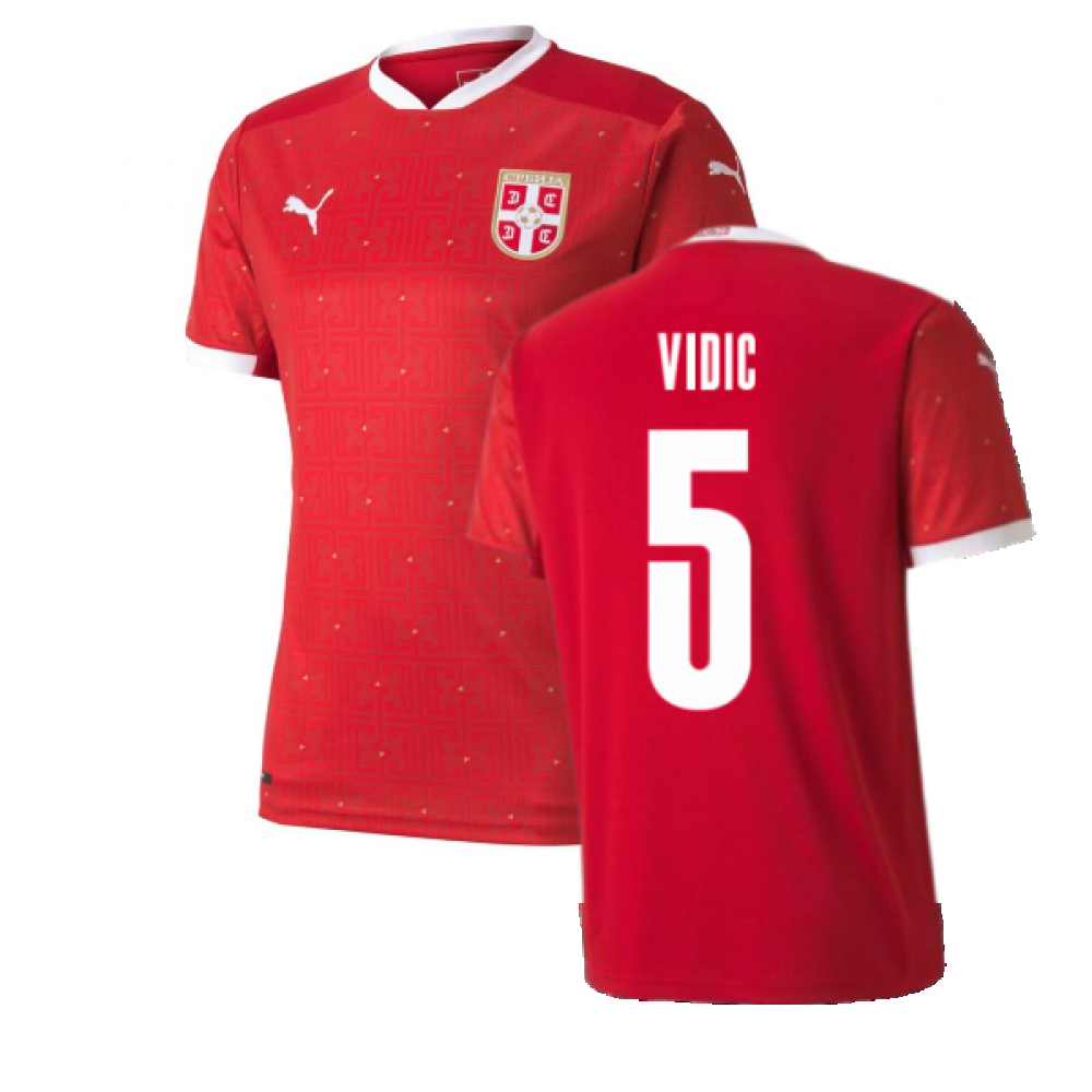 '20-'21 Serbia Home Puma Football Shirt (Vidic 5) Polyester Nemanja Vidic Men's Red Extra Large