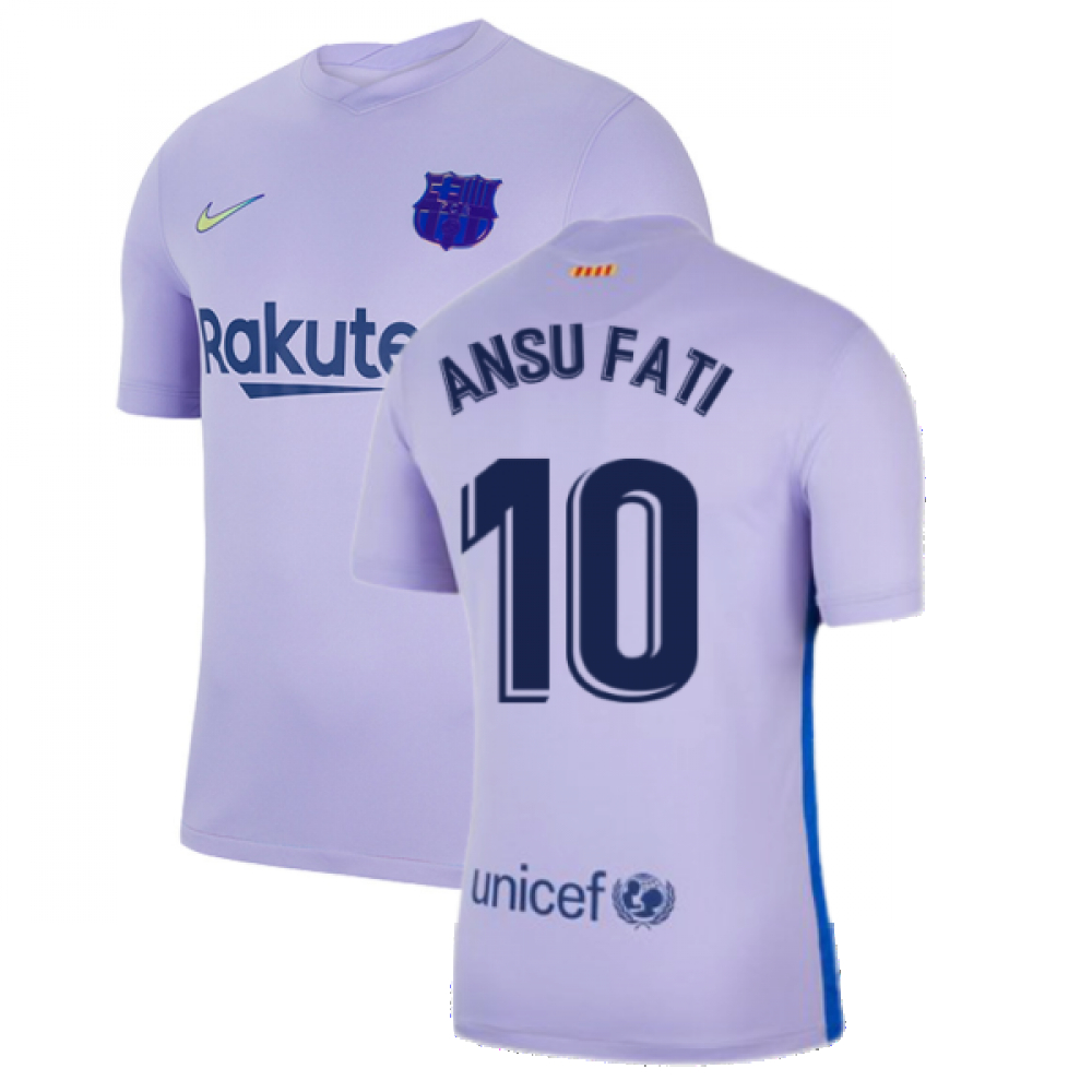 '21-'22 Barcelona Away Shirt (Kids) (Ansu Fati 10) Polyester Made By: Nike Unisex Kids Purple Small